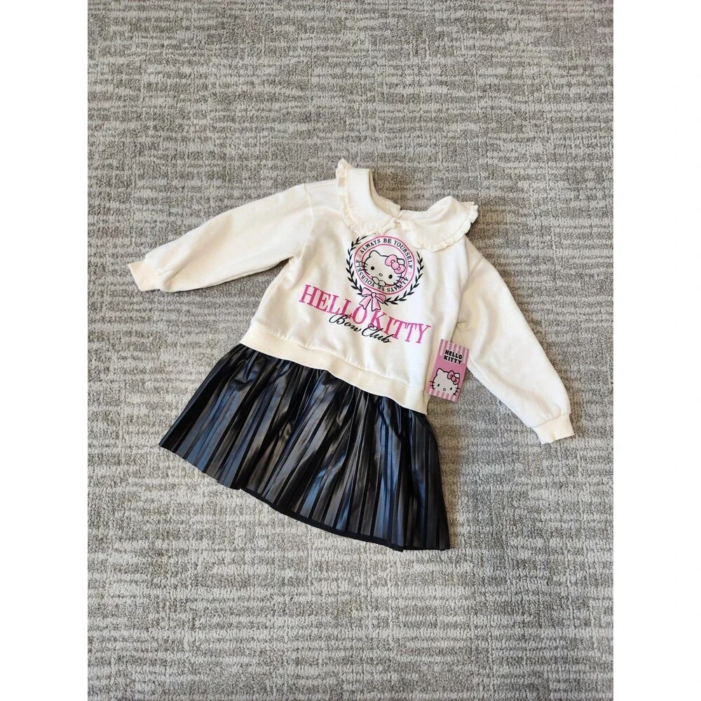 Hello Kitty Girl's Long Sleeve Collar Dress pleated Faux Leather size 5T NWT